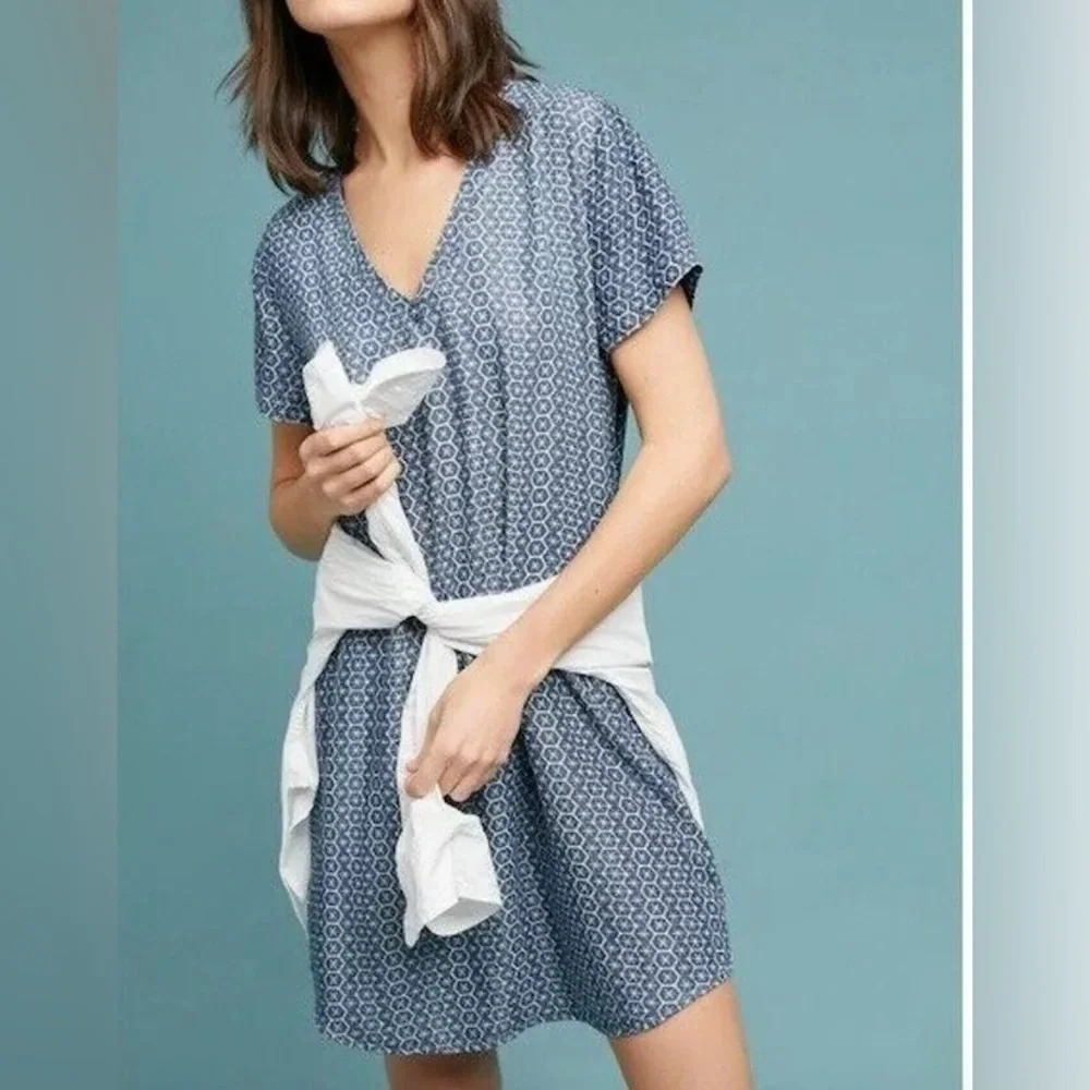 Anthropologie Cloth & Stone Printed Chambray Justine Dress | Blue | Womens XS - Picture 5 of 6